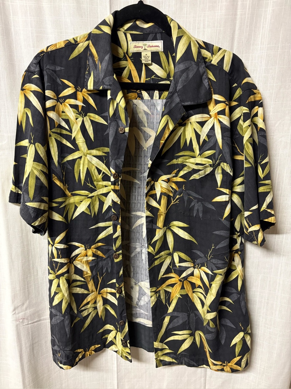 Tommy Bahama Black and Yellow Silk Tropical Print Camp Shirt